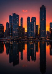 Fototapeta premium Cityscape at sunset modern buildings reflected in still water