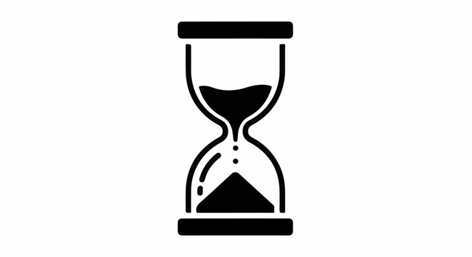 Black hourglass icon, showing sand falling from upper bulb to lower bulb