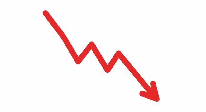 A bold red arrow with a jagged downward trajectory against a stark white background