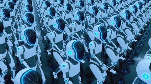Endless 3d animation loop of a futuristic humanoid robot army walking together. Concept of mass automation, artificial intelligence taking over and technology workforce in a sci-fi cyber world.