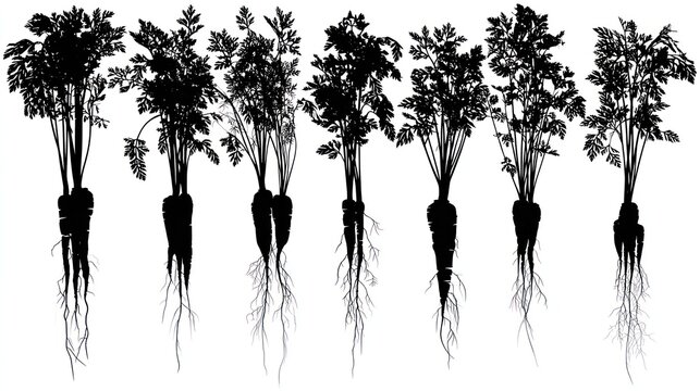 Collection of detailed black silhouettes depicting root vegetables with visible foliage and fibrous taproots