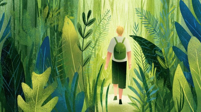 Young person with backpack walks along narrow path through lush, vibrant green foliage