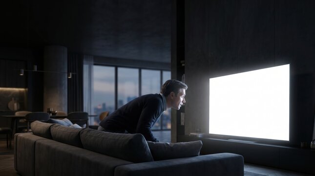 man watching blank white screen smart TV mockup in luxury dark living room at night.