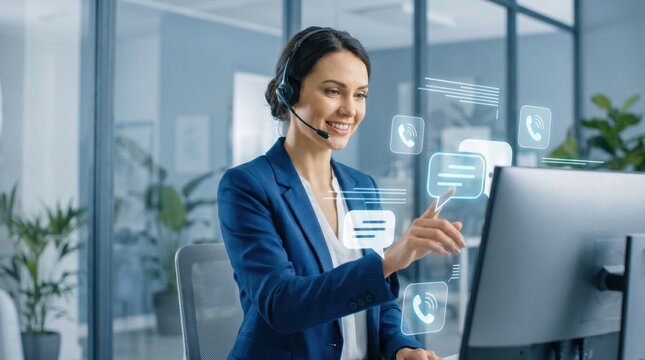 Smiling female call center operator working with communication interface.