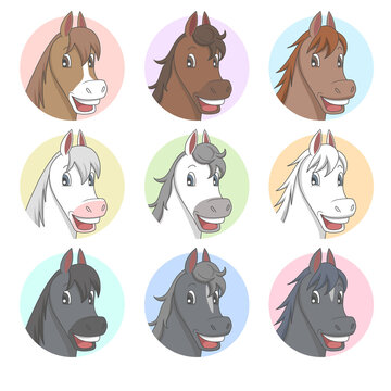 Set of nine cartoon horse avatars with different coat colors and hairstyles