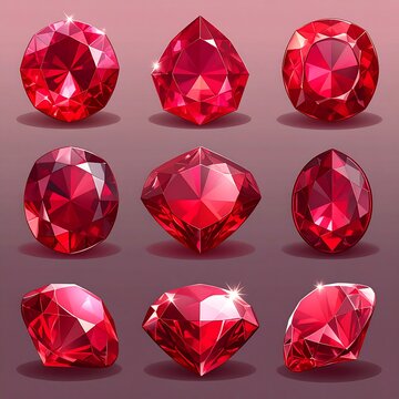 Nine faceted, vibrant red gems in various shapes and angles, shiny