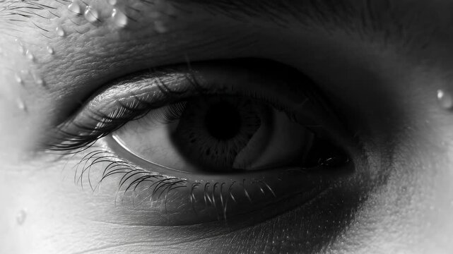 Close-up of a human eye with water droplets, showcasing emotion and intensity. Represents focus, perception, and the depth of human experience