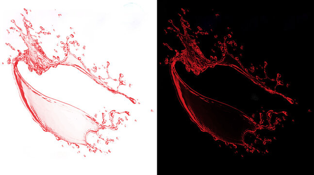 Dynamic red liquid splash on white and black backgrounds, wine or juice water crown, high speed liquid motion for beverage advertising