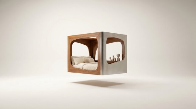 Modern cubical bed design floating against a minimalist white background