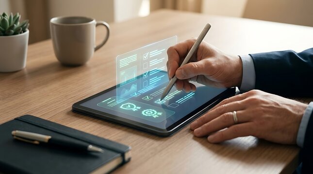 Professional using stylus pen for digital checklist validation on tablet screen display.