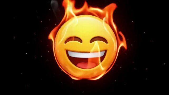 Burning yellow emoji face with wide laughing expression and intense dancing flames surrounding the glowing surface in this dynamic animated motion footage clip capturing a high energy digital transfor