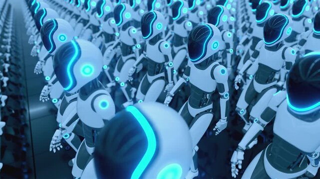 Endless 3d animation loop of a futuristic humanoid robot army walking together. Concept of mass automation, artificial intelligence taking over and technology workforce in a sci-fi cyber world.