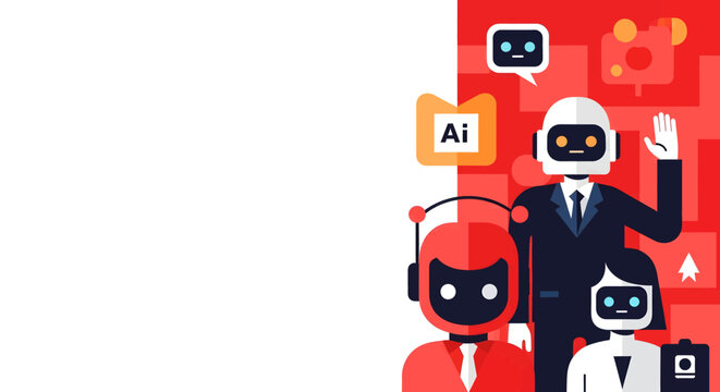 A group of diverse AI robots and characters representing artificial intelligence and technology concepts.