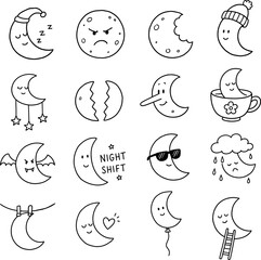 Fototapeta premium Moon expression doodle tattoo flash vector set
