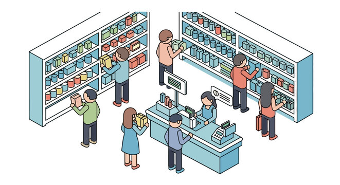 An isometric illustration of a supermarket grocery store with customers and cashier checkout