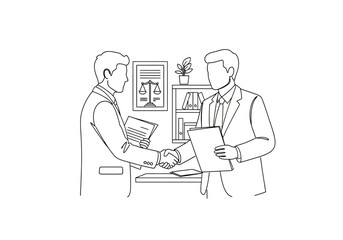 Fototapeta premium Continuous line drawing of two businessmen in suits shaking hands in a law office with scales of justice poster, legal documents, and office bookshelf background on white.