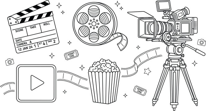 Cinema and movie production line icon set with video camera tripod clapperboard film reel popcorn ticket play button