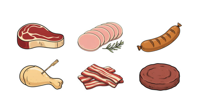Set of pixel art icons featuring various types of fresh meat including steak, ham, sausage, chicken leg, bacon, and a burger patty Vector