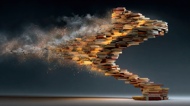Stack of books disintegrating and dispersing into dust particles in a dark room for knowledge loss, information destruction, and educational system critique purposes