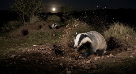 Obraz premium European badger digging in the earth under a bright full moon