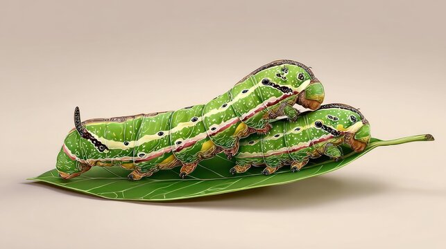 Two brightly colored, horned insect larvae rest stacked upon a fresh green leaf against a pale background.