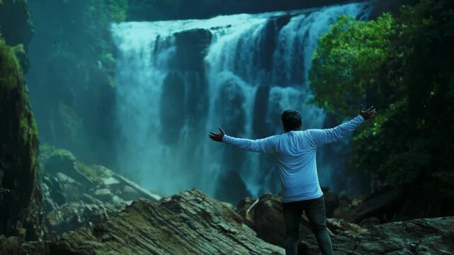Man with outstretched arms feeling freedom and serenity at Sathodi Waterfalls, Karnataka, India. A majestic natural wonder for travel and adventure.