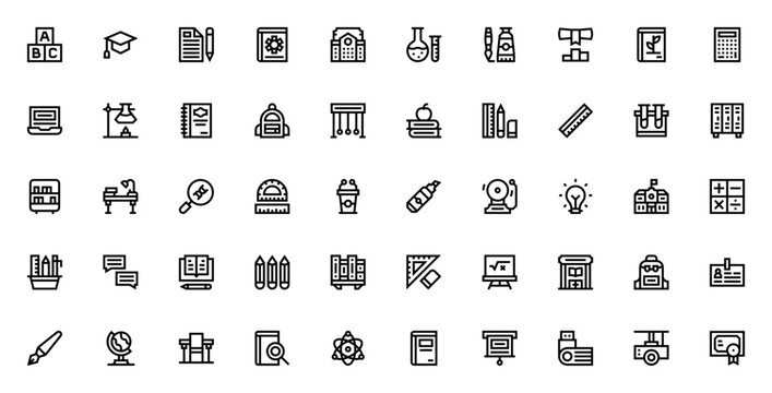 Education icon set. Minimal icons pack. Includes abc block, graduation hat, books, pencil, flask, calculator, notebook, school bag, blackboard, atom and more. Editable stroke.