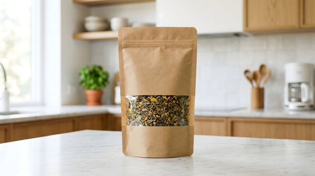 A blank unbranded brown kraft paper stand-up pouch with a window showing dried green herbs on a marble kitchen countertop