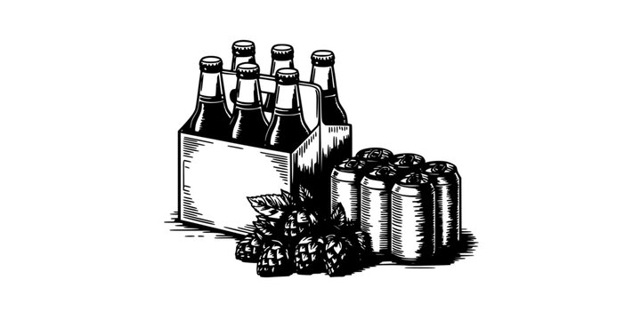 Beer Bottles and Cans with Hops, Packaged Beverages Featuring Alcohol, Drinks, Brewery with Brewing and Six Pack Elements for Beverage, Illustration