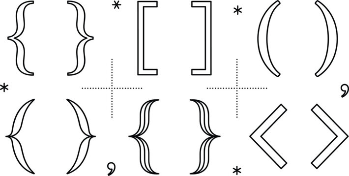 Bracket and punctuation mark line icon set with curly braces square angle brackets parentheses asterisk comma coding typography
