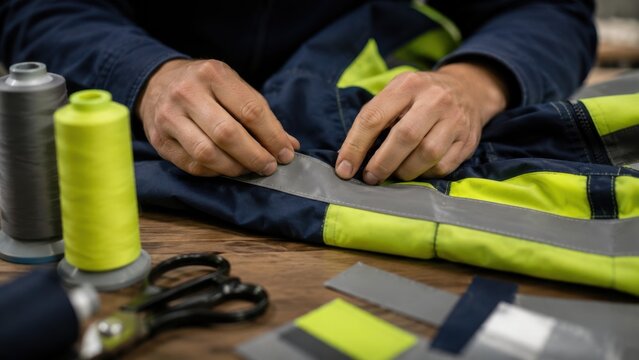 Hands working on a safety jacket with threads and tools on a wooden table during a sewing activity in a workshop