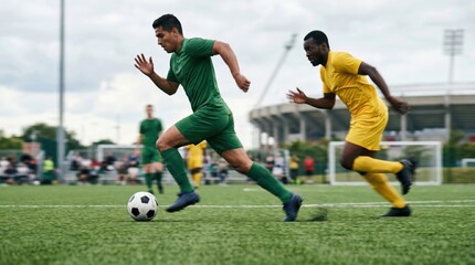 Naklejka premium Football player dribbling ball on field. Dynamic action shot of man in green uniform competing against opponent in yellow jersey. Professional soccer match at stadium during game.