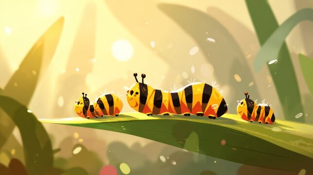 Happy striped larvae crawl across a lush green plant surface bathed in bright sunlight