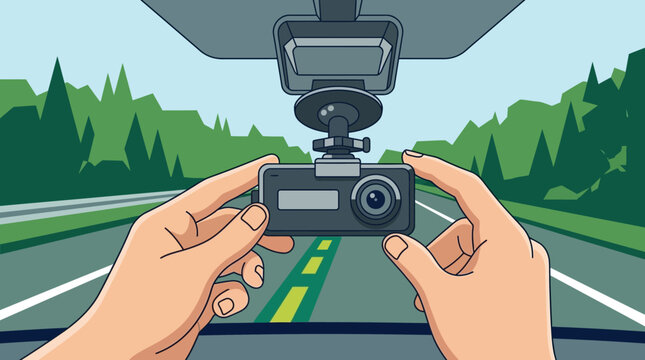 a persons hands installing a dash camera in a car on a road trip for enhanced security and recording travel