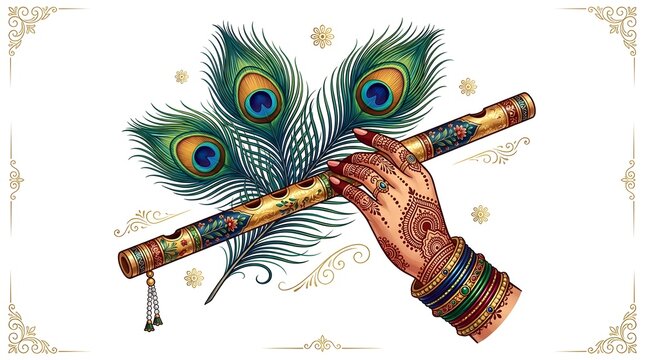 Ornate traditional flute held by a hand decorated with intricate henna patterns alongside vibrant peacock feathers featuring deep blues and greens in a high quality artistic digital illustration