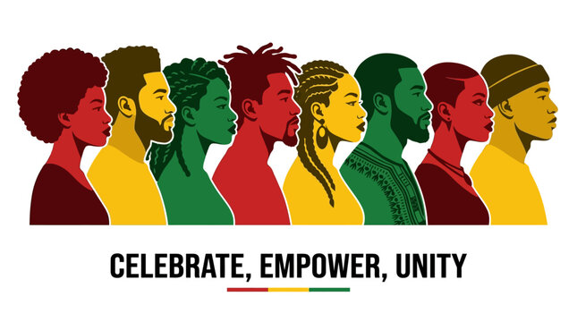 african american community celebrating black history month showcasing diversity empowerment and unity in a vibrant graphic illustration.