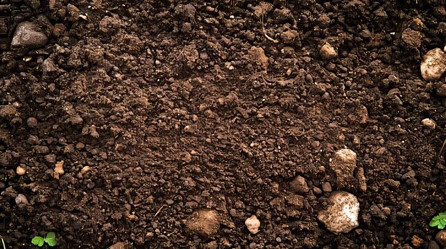 Rich Dark Soil Texture Background for Agriculture with Organic Matter and Ground Cover Close Up View