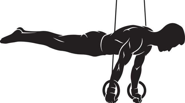 Man doing gymnastics on rings in horizontal position with body straight