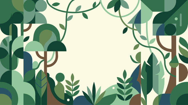 Stylized geometric jungle border illustration with various green plants, trees, and vines framing a central empty space.