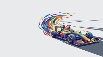 Naklejka premium Vibrant abstract race car speeding on a track, leaving a colorful geometric trail, symbolizing speed and dynamic motion.