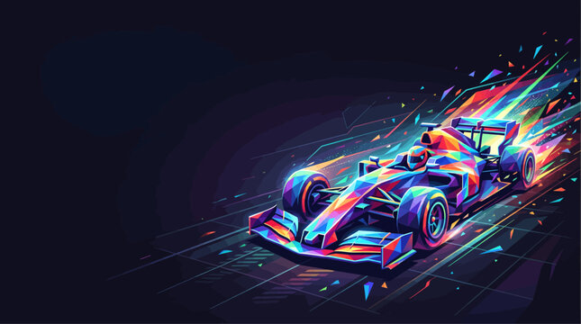 Vibrant neon Formula 1 race car speeding with colorful light trails on a dark background, showcasing dynamic energy and modern artistic style.