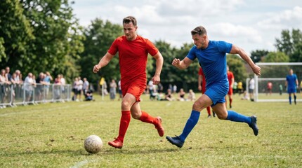 Fototapeta premium Football player in red uniform dribbling ball against opponent in blue jersey. Competitive match between amateur athletes on grass field. Healthy lifestyle and active team sport concept.