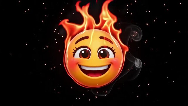 Flaming emoji character with vibrant orange fire effects and glowing embers dancing in a dark space creates an intense digital motion animation footage showing a smiling face surrounded by flickering 