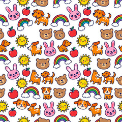 Fototapeta premium cute seamless pattern with playful cartoon animals suns rainbows and apples perfect for kids backgrounds and textile design.