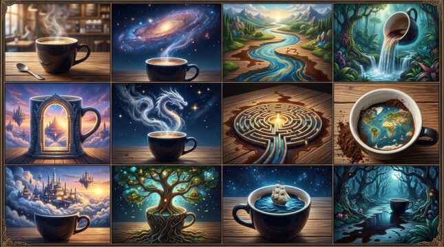 Dreamy fantasy nature collage with coffee and trees