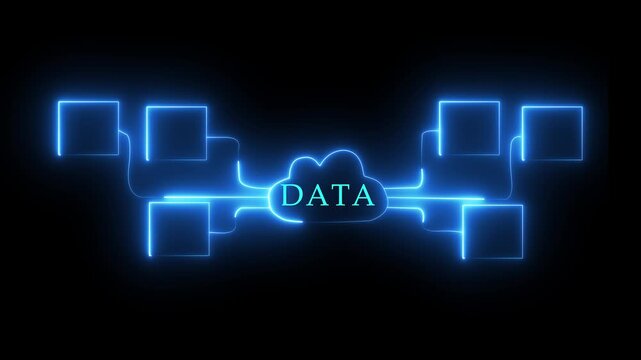 Digital DATA network diagram with glowing connections and icons for neon line cloud services communication finance and customer support