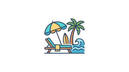 Obraz premium Tropical Beach Vacation Icon: Lounge Chair, Umbrella, Surfboard, Palm Tree, Ocean Wave