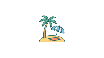 Obraz premium Tropical Island Beach Scene with Palm Tree, Umbrella, and Towel - Vector Illustration