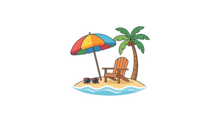 Obraz premium Tropical Island Paradise: Beach Chair, Palm Tree, Umbrella, Sunglasses
