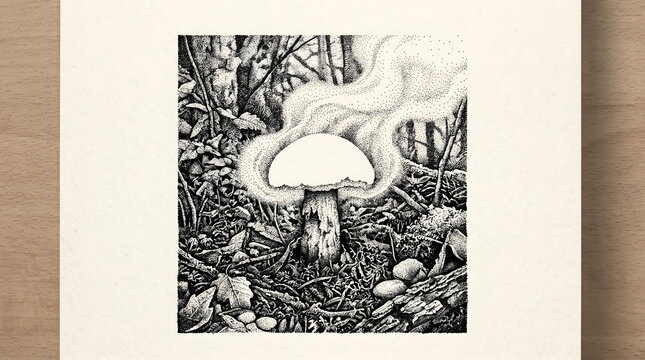 A mystical mushroom grows in a dark forest with eerie smoke and a strange face.
